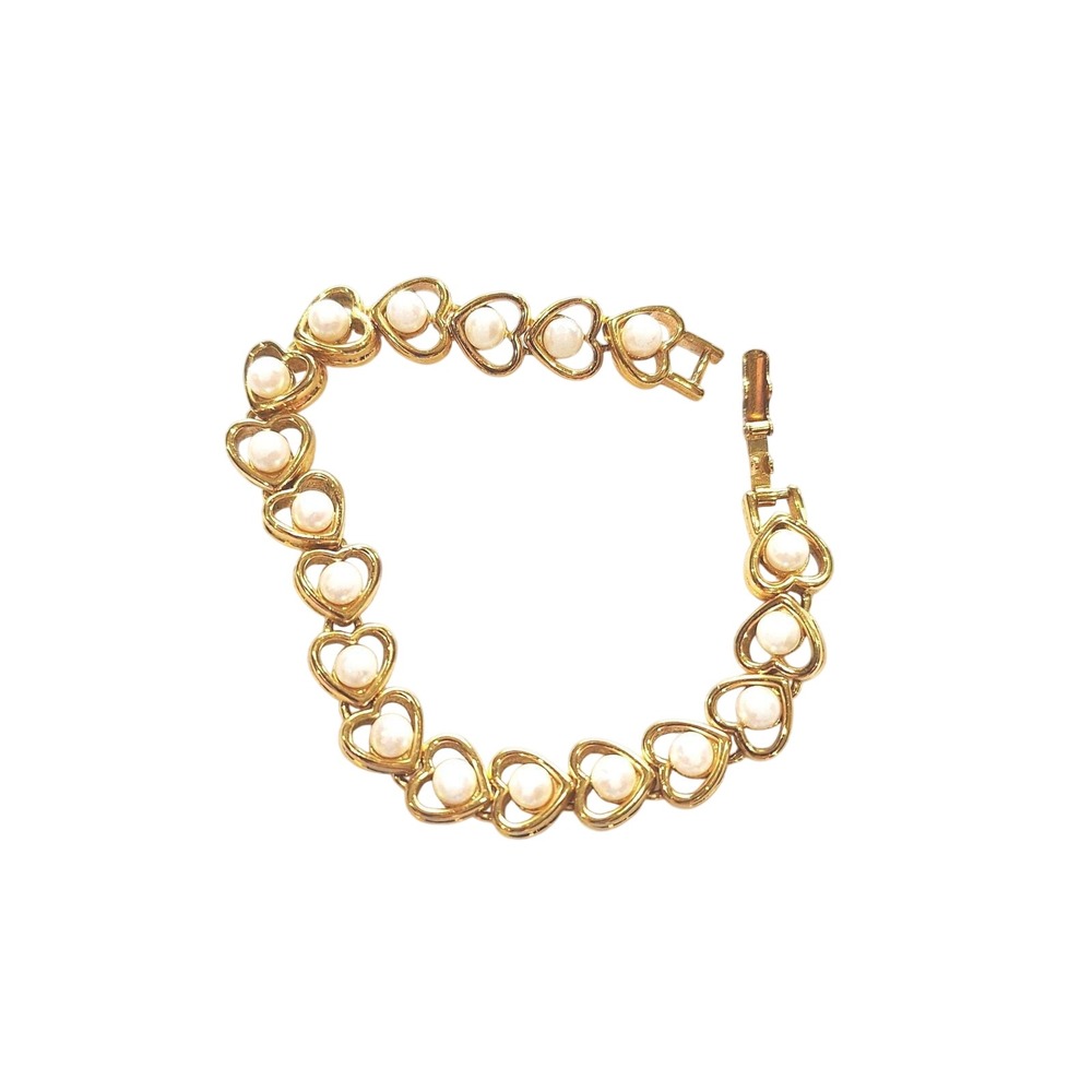 Vintage Heart Link Bracelet Gold Tone Faux Pearl Wedding Bridal Jewelry 7.5"